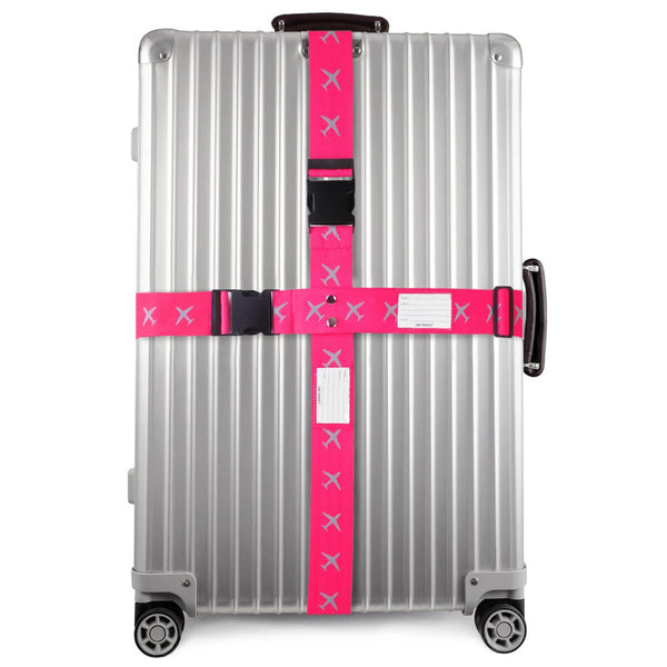 ✅ Heavy Duty Luggage Cross Strap Suitcase Belts - with Personalised Baggage Claim Identifier Address Label (Pink + Yellow) - One-Wear