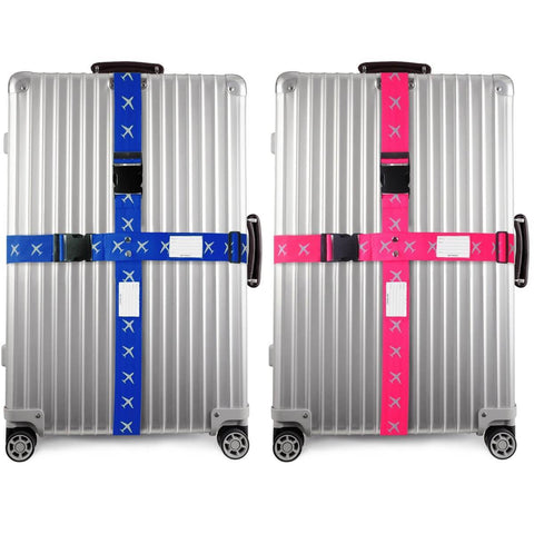 ✅ Heavy Duty Luggage Cross Strap Suitcase Belts - with Personalised Baggage Claim Identifier Address Label (Blue + Pink) - One-Wear
