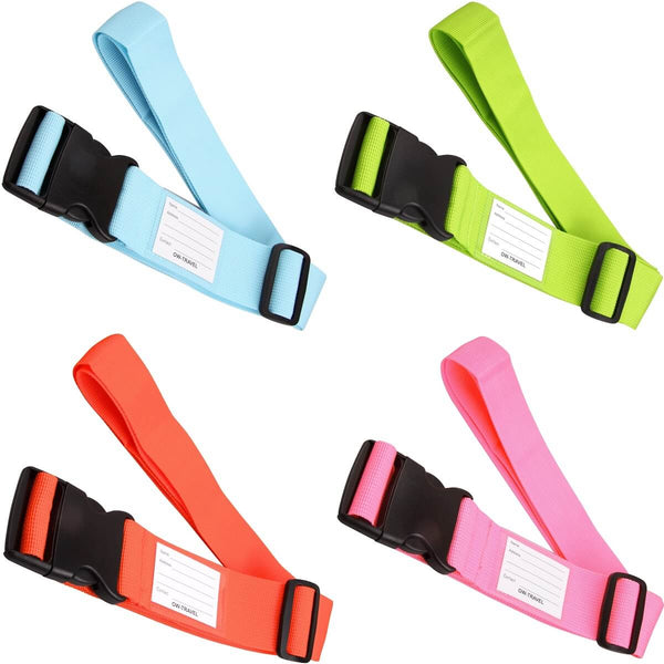✅ 4 Colour - Heavy Duty Luggage Strap Suitcase Belts with Personalised Baggage Claim Identifier Address Label - One-Wear