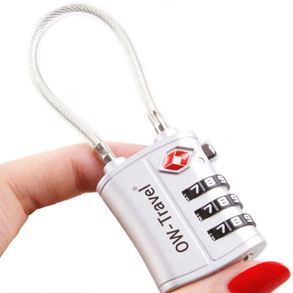 ✅ 3 Dial TSA Cable Combination Padlock - Travel Sentry Approved Heavy Duty Number Lock for Suitcases, Luggage, Gym Lockers and Tool Boxes - Silver - One-Wear